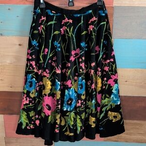 Black Velvet Floral Skater Skirt with Pink, Blue & Green Accents